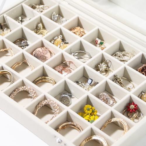 Coward Ring Earring Jewelry Organizer Box, 35 Grids Dustproof Display Holder Case, Beige Velvet Jewelry Bead Display Tray Case with Transparent Glass Lid for Momen Girls - color: Beige Velvet, size: 35Grids Box