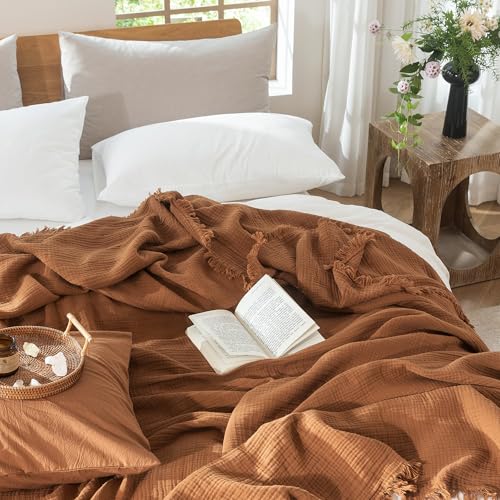 MooMee 100% Cotton Muslin Blanket, Fringed 4-Layer Gauze Bed Couch Throw - color: Drak Orange, size: Throw XL