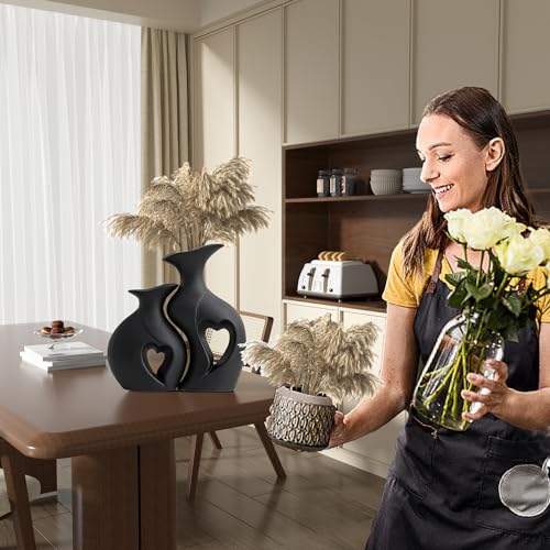 Black Ceramic Vase Set of 2, Heart Shape Home Decor Flower vase - color: Standard Black
