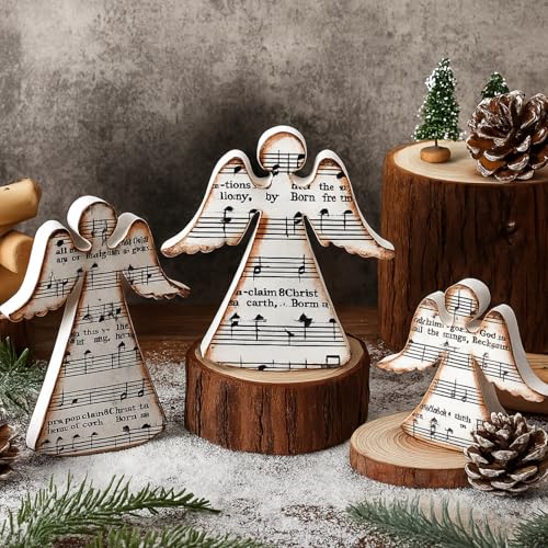 Redbaker 3 Pcs Christmas Wooden Angel Table Decor with Musical Carols - style: Angel