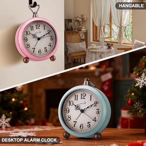 FLOITTUY 4.5" Battery Operated Antique Retro Analog Metal Alarm Clock, Silent Bedside Desk Clock, Wall-Hanging Vintage Clock(Vintage Pink) - color: Vintage Pink