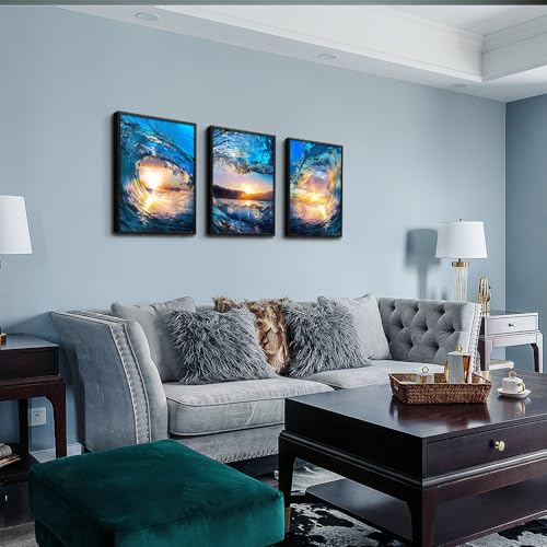 DZRWUBHS Black Framed Wall Art For Living Room Wall Decor For Office Blue Sea View Wall Pictures Sunshine Ocean Waves Wall Painting Bedroom Decor Prints Artwork Modern Dormitory Home Decor 3 Piece - color: Ocean Waves Paintings Black Framed, size: 16x24in