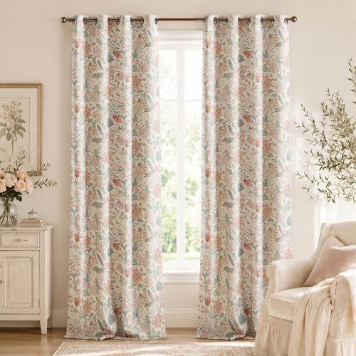 jinchan Pink Blackout Curtains Floral Drapes Farmhouse 96 Inch 2 Panels - color: Floral Pink on Cream, size: 52"W x 96"L (Pack of 2)