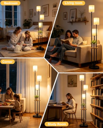 Lightdot 64Inch Floor Lamp with Table Dimmable Black Floor Lamp for Living Room 3 Lights Mid Century Modern Tall Standing Lamp with 5Lbs Heavy Base for Bedroom/Sofa Beside/Corner Decor(Bulbs Included - color: 3 Fabric-Black Shelf