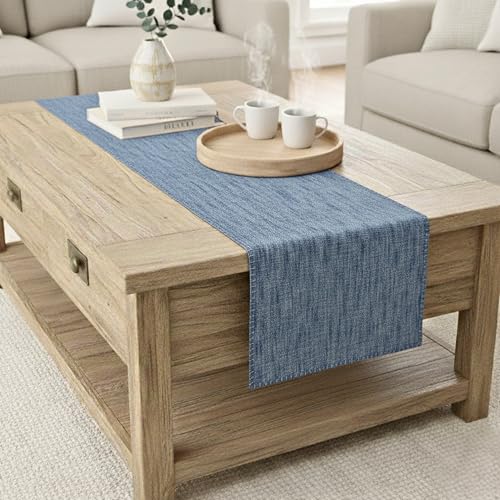 Coffee Table Runner Modern Kitchen Cotton Table Cloth Strip with Decorative Stitched Edge Dresser Scarf Dining Table Washable Small Furniture Top Cover 14"x48" Blue - color: Blue, size: 14"x 48"