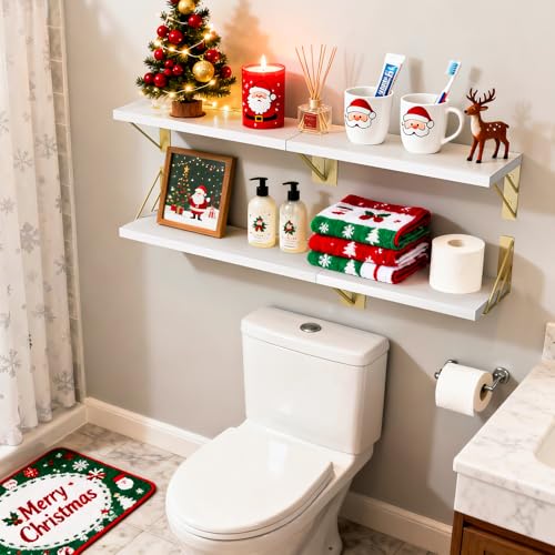 BAYKA Wall Mounted Floating Shelves (White and Gold, Set of 4, 16" Mixed) - color: B. White Board & Gold Brackets, size: 16 inches Mixed