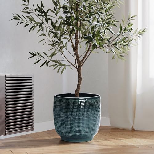LuxenHome 12" Large Round Ceramic Pots for Plants, Glazed Green Planter