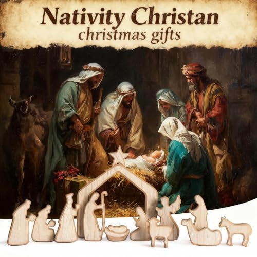 NEROSUN 13Pcs Wooden Christmas Nativity Scene Set - color: Wooden Nativity Scene