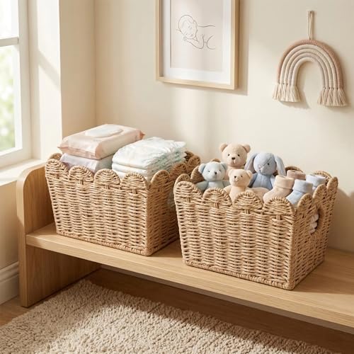 Scalloped Storage Baskets Set of 2, Built-In Handles