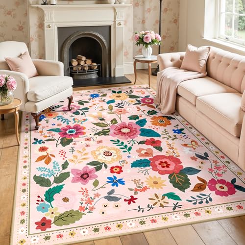 RELEANY Floral Washable 5x8 Area Rugs Pink - color: Pink, size: 5' x 8' (Rectangular)