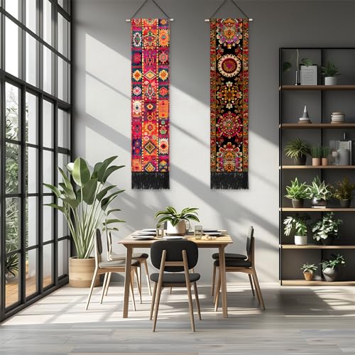 Umootek 2pcs Wall Hanging Decor, Bohemian Vertical Tapestry Wall Decor Cotton Linen Wall Hanging Art, Modern Home Decor for Bedroom, Living room, Sitting Room, Apartment(12.8x51 in)