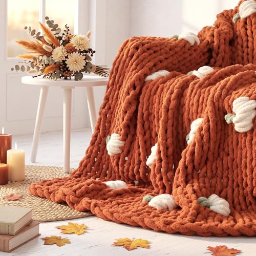 Mindsoft Fall Pumpkin Chunky Knit Throw Blanket 50" x 60",Burnt Orange - color: Burnt Orange, style: Pumpkin