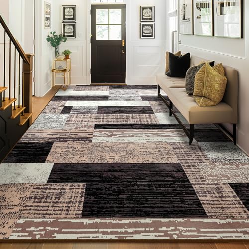 Large Area Rugs, Modern Geometric Patchwork Floor Decor Rockwood Collection - color: Chocolate, size: 4' x 6' (Rectangular)