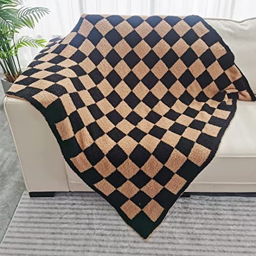 Ultra Soft Checkered Blanket Cozy Buffalo Check Throw Fluffy Knitted Reversible Throw Blanket Lightweight Fleece Checkerboard Grid Blanket for Sofa Couch Bed Travel, Black/Camel, 51''x63'' - color: Black/Camel