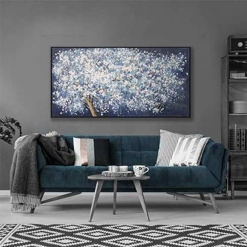 Modern Wall Art Nature Art Canvas Artwork Wall Decor Painting Dark Blue And White Abstract Tree Plants With Framed For Bedroom Living Room Dining Room Home Office Modern Abstract Artwork 24"×48" - color: Blue, size: 48"L x 24"W