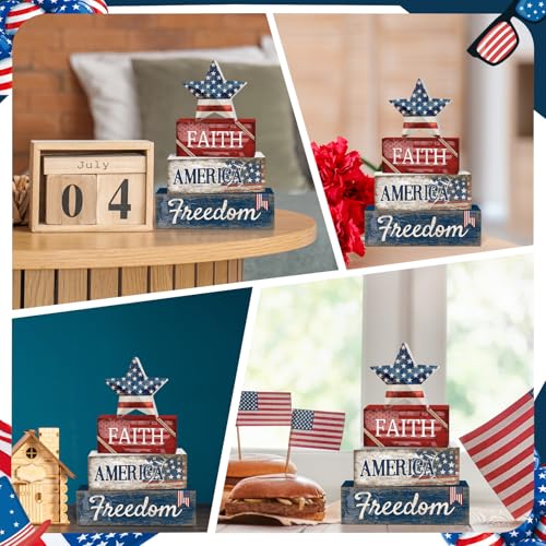 Britimes Tiered Tray Decor Set, 4 Pack, Wooden Table Sign, Patriotic 4th - style: Star