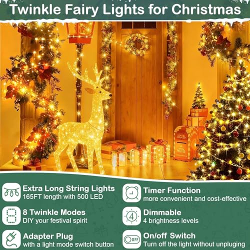 165Ft Ultra Long 500 LEDs String Lights Plug in, with Switch/Timer, Waterproof Dimmable Copper String Lights for Home/Holiday Decor, 8 Modes Fairy Lights with Remote, Warm White UL Listed - size: 165 Feet
