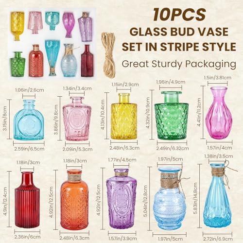 10Pcs Colored Glass Bud Vase Set,Embossed Mini Small Vintage Flower Vases - color: Colorful, size: 10PCS