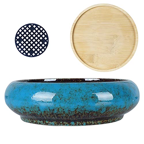 Succulent Pots, 7.3'' Ceramic Bonsai Pot with Tray, Large Succulent Planter - color: Blue