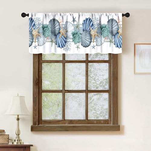 Nautical Window Valance,Summer Ocean Coral Shell Conch Starfish White Valance Curtains Treatment for Kitchen Living Room Bedroom Bathroom 1 Piece,54x18 Inch - color: Coastal-6