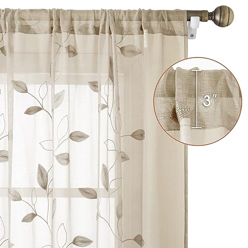 HOMEIDEAS Taupe Kitchen Sheer Curtains Leaf Embroidered, 52x45, 2 Panels - color: 2-taupe/Beige, size: 52"W x 45"L (Pack of 2)