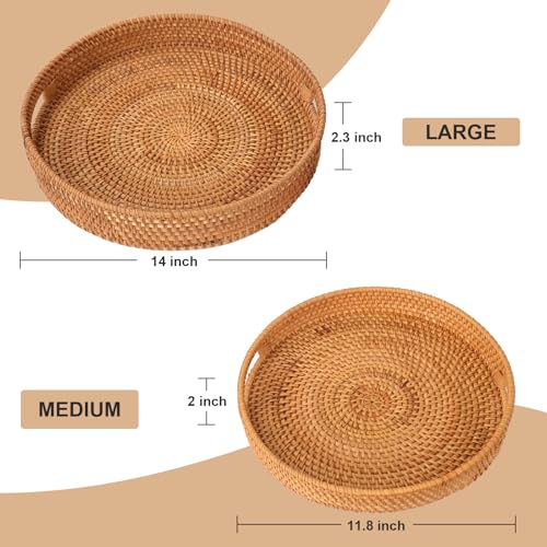 Round Rattan Serving Tray with Handles, Natural Wicker Decorative Tray for Serving, Fruit/Bread Serving Basket, Round Woven Tray,13.8inch+11.8inch, Gift Idea Choice (M+L) - size: 13.8"+11.8"