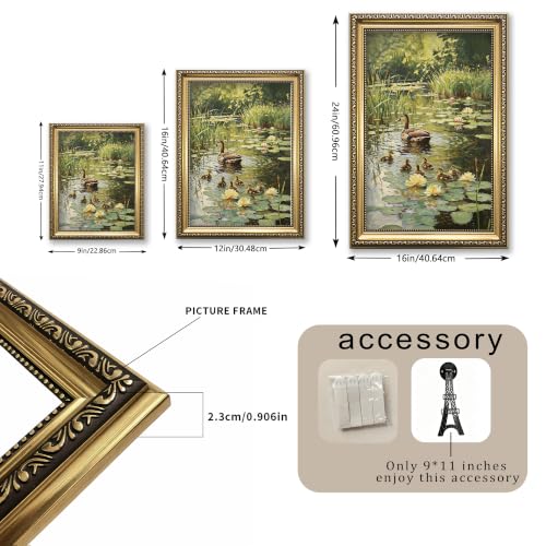 Vintage Country Cottage Duck Pond Framed Wall Art Cute Duckling Wildlife Canvas Print Impressionist Nature Landscape Oil Painting Rustic Farmhouse for Living Room Bedroom Kitchen Home Office Gallery Wall Decor Gift for Art Lovers Friends New Homeowners -