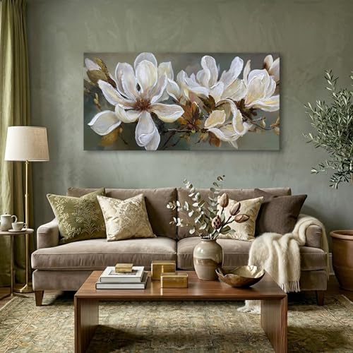 Flower Wall Art - Large Floral Canvas Paintings for Living Room Decor, White Flower Pictures Wall Art, Vintage Wall Art for Living Room, Flower Pictures Wall Decor 20×40IN - color: Brown, size: 40"L x 20"W