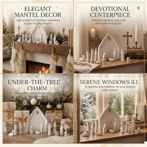 NEROSUN Ceramic 13Pcs Nativity Scene Set with Gold Trim - color: Ceramic Nativity Scene (Gold Trim)