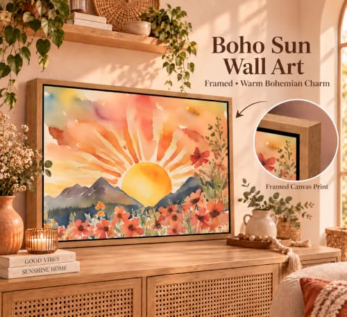 Framed Boho Sun Canvas Wall art - color: Framed, size: 16"L x 12"W
