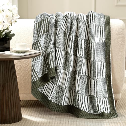 Amélie Home Checkered Knit Throw Blanket for Couch, Olive Green 50"x60" - color: Checkered Olive Green, size: 50" X 60"