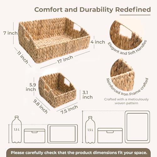 KOKODO Rectangular Wicker Storage Baskets for Shelves, Set of 3 Water Hyacinth Woven Bins with Handles, Open Front Pantry Shelf Organizer for Closet, Bedroom, Boho Decorative, Natural - size: 17x11x7