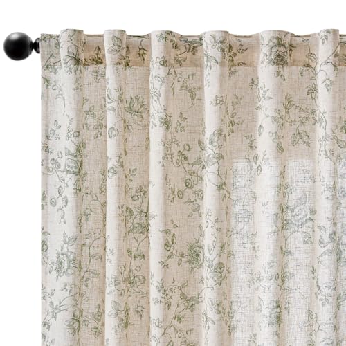 jinchan Linen Curtains 63 inch Green Floral Farmhouse Rod Pocket 2 Panels - color: Amlie Green, size: 50"W x 63"L (Pack of 2)
