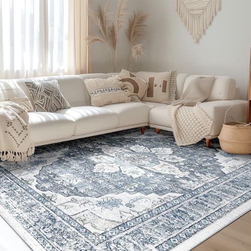BESTSWEETIE Washable Boho 5x7 Area Rug for Living Room, Blue Grey White - color: Grey, size: 7' x 5'3" (Rectangular)