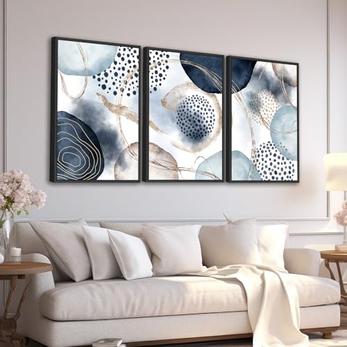 Large Framed Canvas Wall Art, Shapley Blue Abstract, 16"x24" Set of 3 - color: shapley blue, size: 16"x24"x3 Framed
