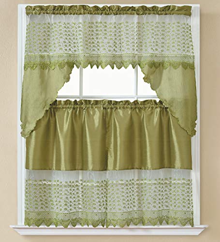 B&H Home Sarah Floral Embroidered 3-Piece Kitchen Curtain Window Treatment Set (Sarah Green) - color: Sarah Green