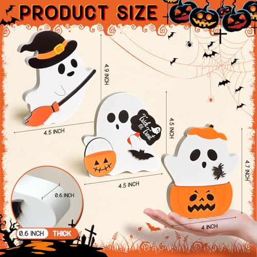 Cute Halloween Decorations Indoor, 3 PCS Wooden Ghost Halloween Decor for Home Table Office Desk Tiered Tray Party Shelf Display Mantle Kitchen Room Spooky Decorations - style: Ghost