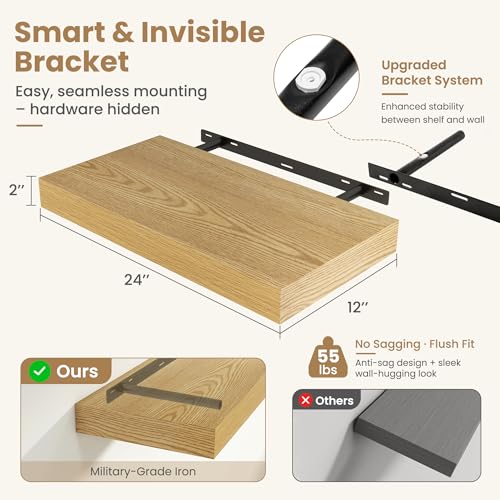 24 Inch Long Floating Shelves for Wall Set of 2, 12"D Wood Grain Shelves - color: Oak, size: 24"Wx12"Dx2"H, 2P