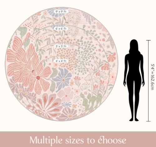 MUJOO Round Rug 4ft Small Circle Area Rug Washable Non Slip Floral - color: Pink, size: 4' (Round)