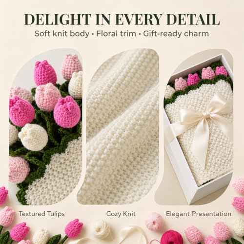 Tulip Crochet Flower Bouquet Blanket, Handmade Knitted Throw Blanket - color: Pink Tulip, size: Medium