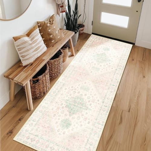 MUJOO Washable Runner Rug 2x6 Area Rugs Low Pile Non Slip Pink and Green - color: Pink and Green, size: 2' x 6' (Rectangular)