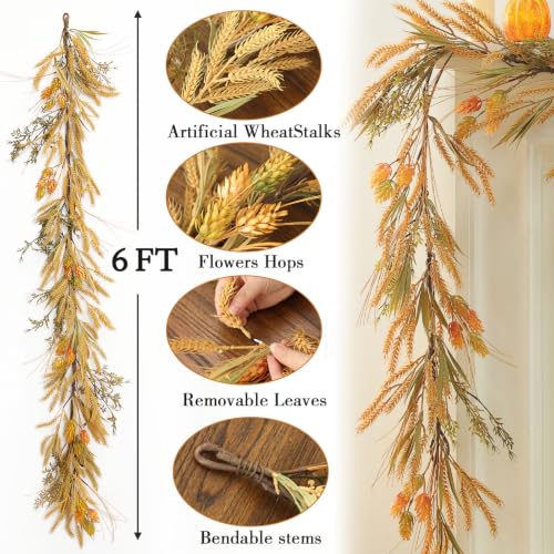 MIZII Fall Decor Beige 6 Feet Artificial Wheat Stalks Garland with Leaves Flowers Hops Hanging Vines Garlands Autumn Thanksgiving Harvest Decorations for Porch Mantle Fireplace Farmhouse (6ft,Beige) - color: 6ft,beige