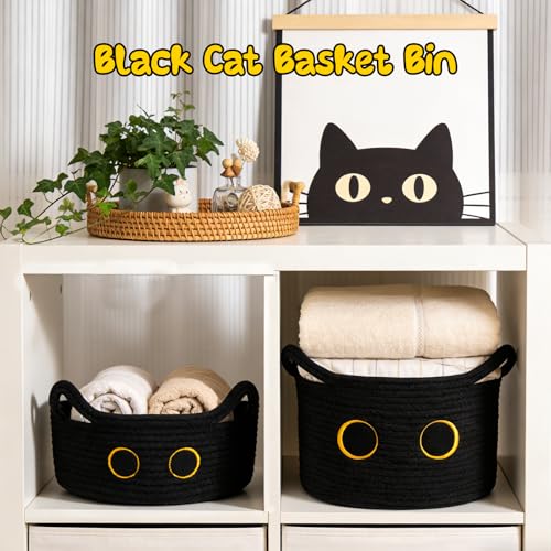 Black Cat Toy Basket for Nursery,Small Cute Cat Oval Woven Rope Basket - color: Black, size: 12"D x 5"H IN
