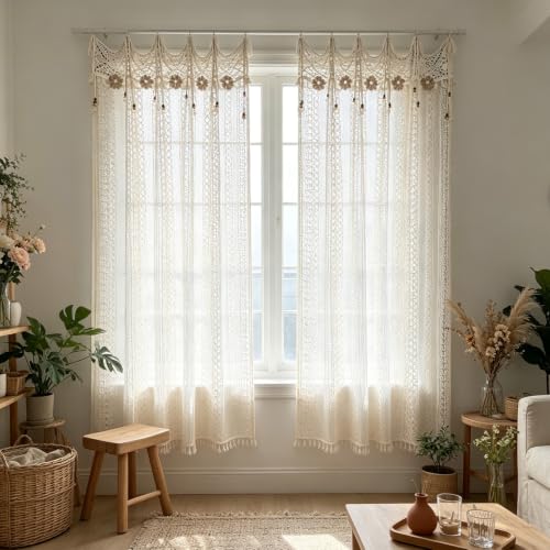 Boho Crochet Lace Sheer Curtains for Living Room Doorway Entryway Window - size: 55"W x 63"L (Pack of 1)
