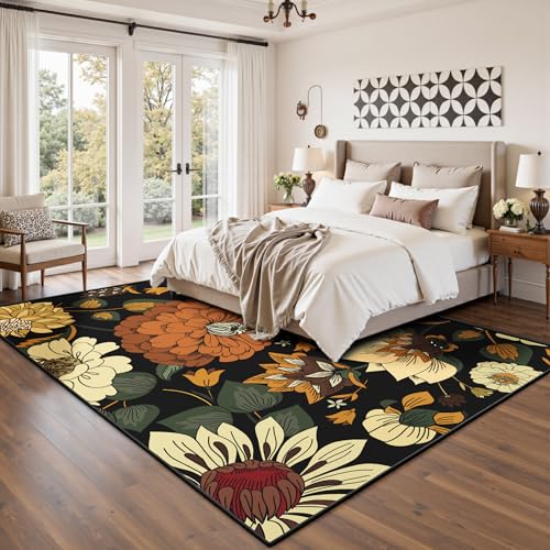 Tyrot Black Boho Floral 5x7 Area Rug, Washable Mid Century Modern Style - color: Warm Ember, size: 5' x 7' (Rectangular)