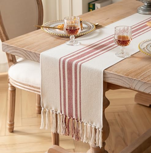 Caflife Boho Table Runner for Modern Farmhouse Fall Decor, Dining Table décor 13 x 60 Inch Long with Handcrafted Tassels, Rust and Beige Stripe Table Runner for Home Boho décor - color: Rust Beige, size: 13x60Inch