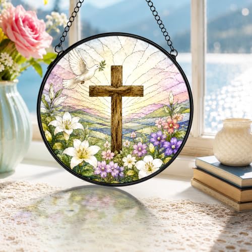 Christian Cross Stained Glass Window Hanging Decorations 7.9x7.9 - color: Crucifix-1