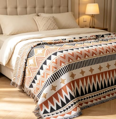 Luxlovery Bohemian Sofa Throw Blankets Ethnic Woven Farmhouse Boho Throw Blanket for Couch Black Orange White Multicolor Aztec Bed Throws Oversized Chair Sofa Cover with Tassels(51"x63") - color: Navaho, size: 51"x63",130x160cm