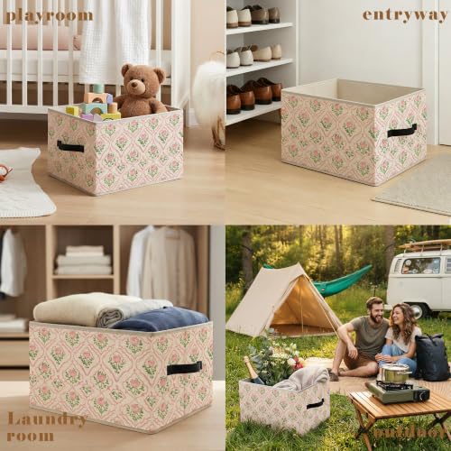 Grandmillennial Pink Rose Floral Storage Basket Organizer - color: Pink Rose