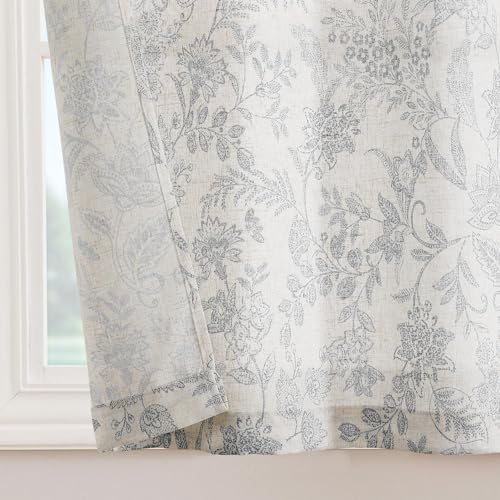 Lazzzy Grey Floral Linen Curtains Farmhouse Rod Pocket 26W X 24L 2 Panels - color: Grey on Beige, size: 26"W x 24"L (Pack of 2)